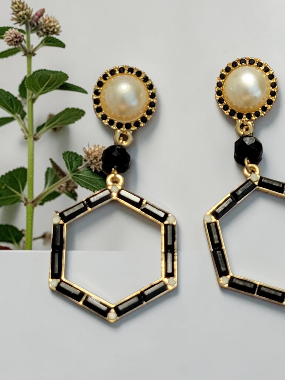 Gold & Black Pearl Hexagon Drop Earrings
